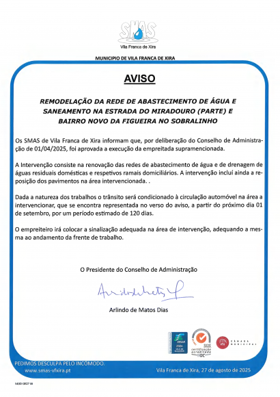 AVISO – REMODELAÇÃO DA REDE DE ABASTECIMENTO DE ÁGUA E SANEAMENTO