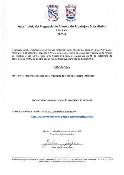 Sessão Ordinária da Assembleia de Freguesia