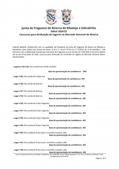Concurso para Atribui&ccedil;&atilde;o de Lugares no Mercado Semanal de Alverca