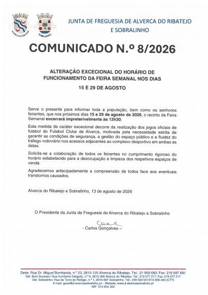 INFORMA&Ccedil;&Atilde;O &ndash; Altera&ccedil;&atilde;o Excecional do Hor&aacute;rio de Funcionamento da Feira Semanal