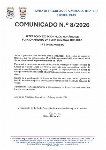 INFORMA&Ccedil;&Atilde;O &ndash; Altera&ccedil;&atilde;o Excecional do Hor&aacute;rio de Funcionamento da Feira Semanal