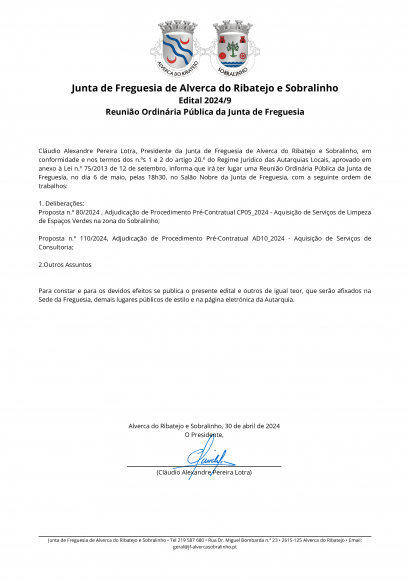 Edital 2024/9 - Reuni&atilde;o Ordin&aacute;ria P&uacute;blica da Junta de Freguesia	